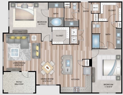A floor plan of a house with a living room, dining room, kitchen, and multiple bathrooms.